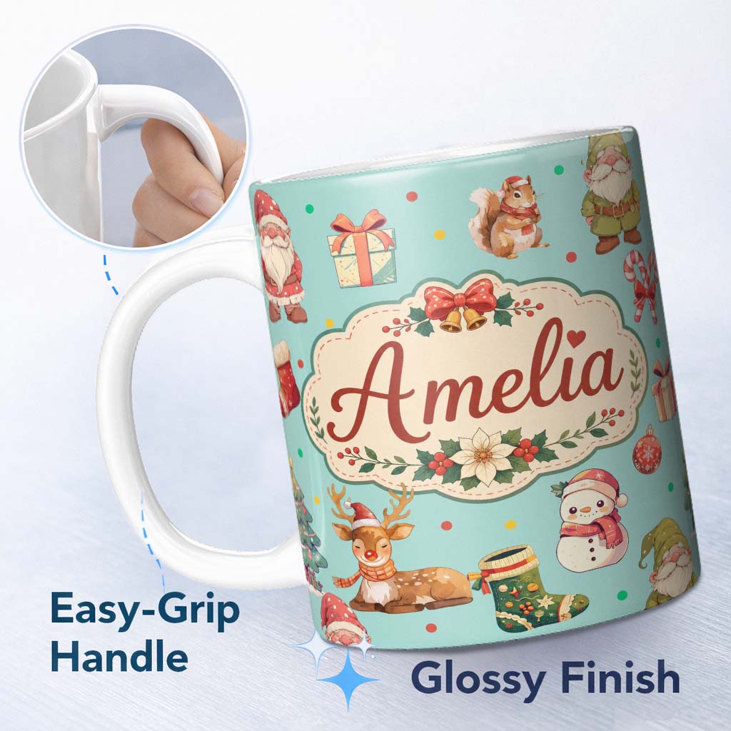 Personalized Custom Name Christmas Gnome Reindeer Snowman Gift on Mint Polka Dot Background 11oz Ceramic Coffee Tea Mug White Large Handle