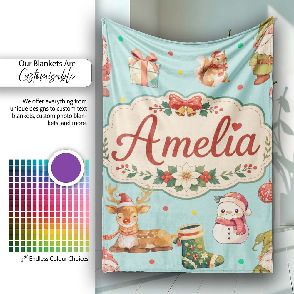 Christmas Gnome Reindeer Snowman Gift on Mint Polka Dot Background Personalised Custom Name Super Soft Fleece Blanket Bed Sofa Throw