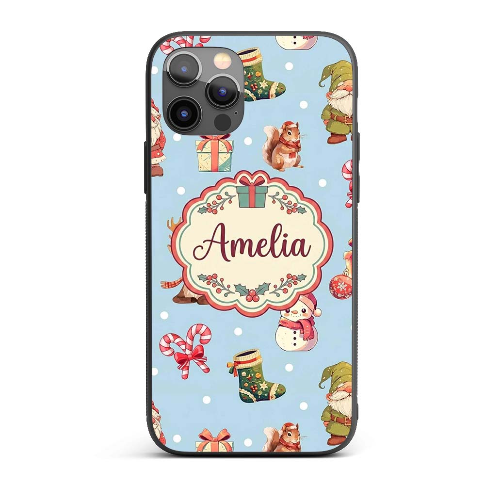 Christmas Gnome Reindeer Snowman Gift on Blue Custom Name Protective Phone Case Mobile Cover Durable Everyday Smartphone Shock Resistant