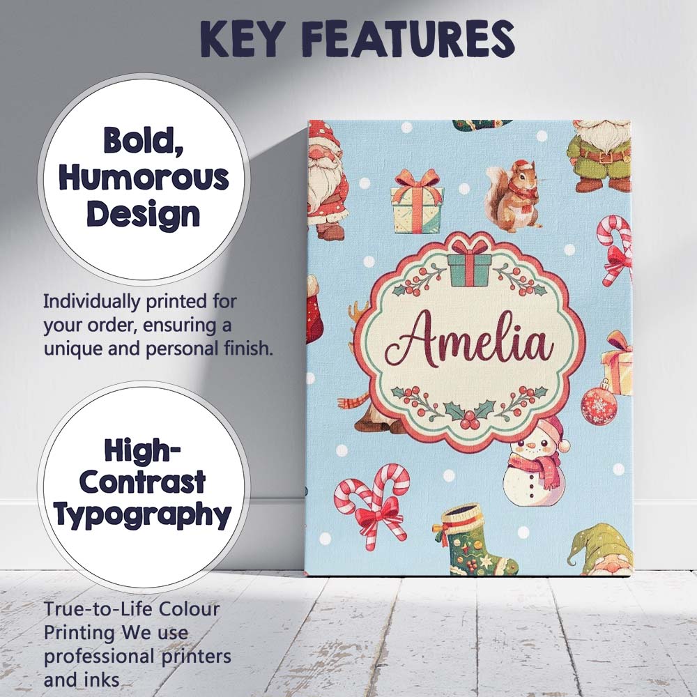 Personalised Name Christmas Gnome Reindeer Custom Unique Gift Idea Elegant Feature Canvas Wall Art Print Decor Picture Ready to Hang