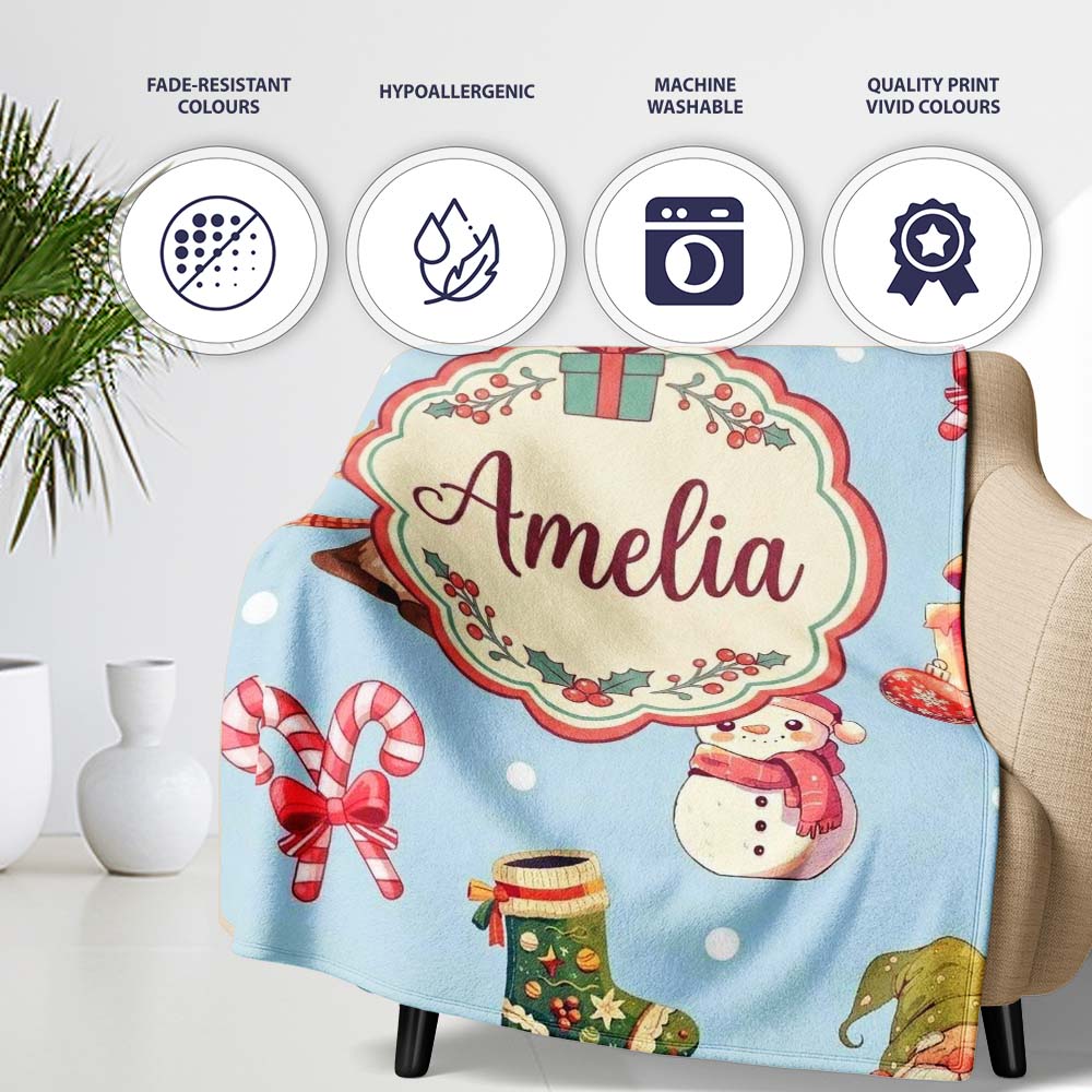 Christmas Gnome Reindeer Snowman Gift on Blue Snow Dot Background Personalised Custom Name Super Soft Fleece Blanket Bed Sofa Throw