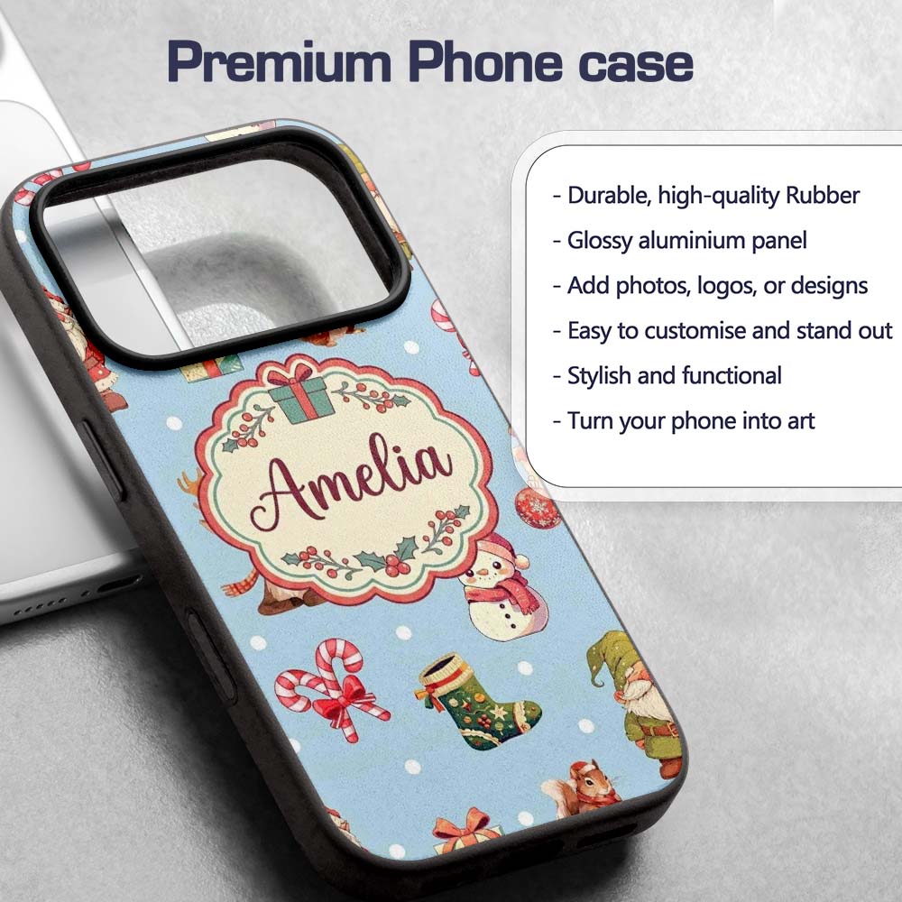 Christmas Gnome Reindeer Snowman Gift on Blue Custom Name Protective Phone Case Mobile Cover Durable Everyday Smartphone Shock Resistant