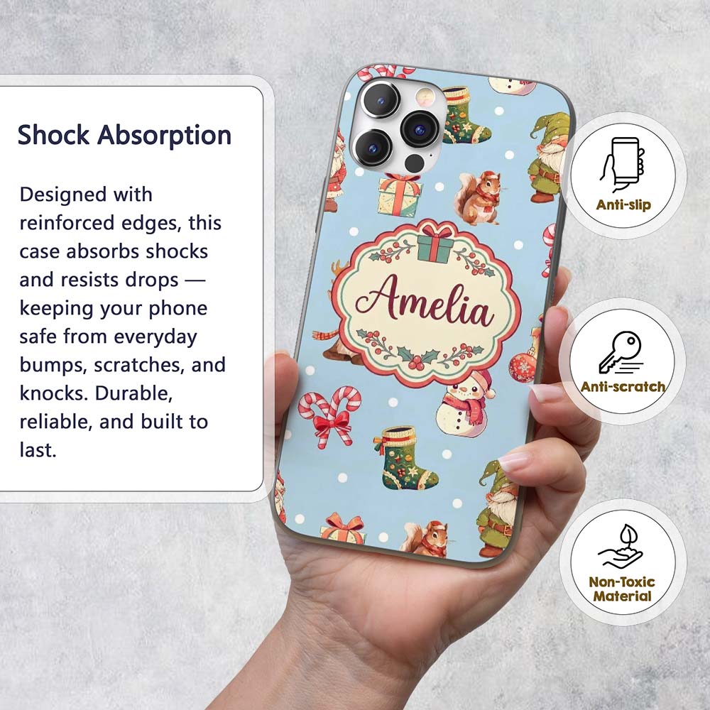 Christmas Gnome Reindeer Snowman Gift on Blue Custom Name Protective Phone Case Mobile Cover Durable Everyday Smartphone Shock Resistant