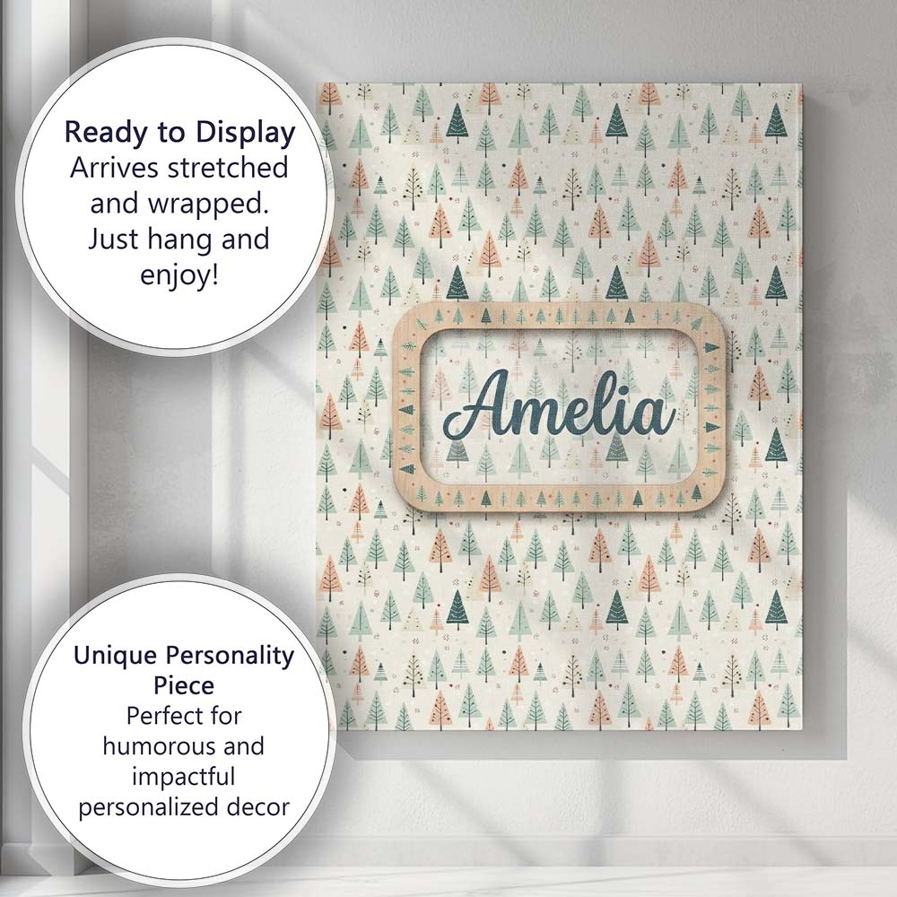 Personalised Name Pastel Christmas Trees Scandinavian Neutral Custom Contemporary Display Canvas Wall Art Print Decor Picture Ready to Hang