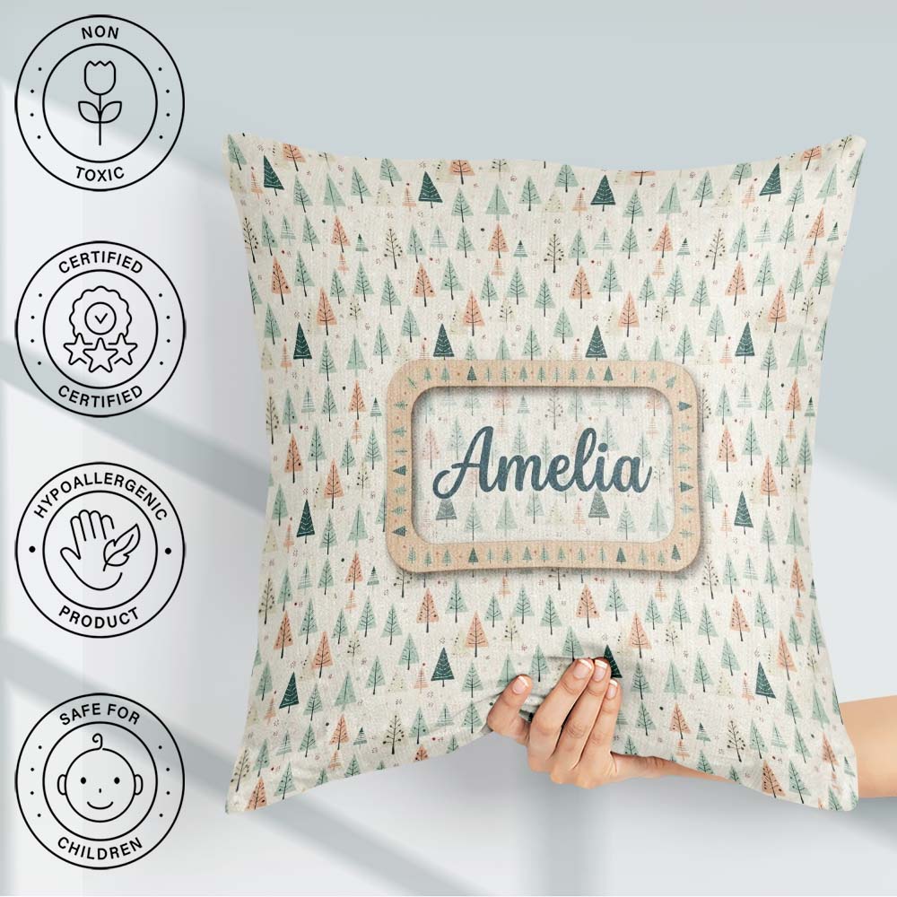 Custom Name Pastel Christmas Trees Scandinavian Neutral Seamless Square Filled Cushion Throw Pillow Sofa Bed Home Decor Zip Washable UK Made