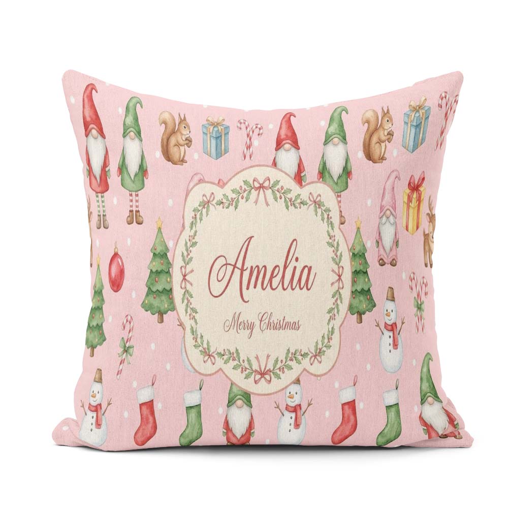 Custom Name Christmas Gnome Reindeer on Pink Snow Dot Background Square Filled Cushion Throw Pillow Sofa Bed Home Decor Zip Washable UK Made