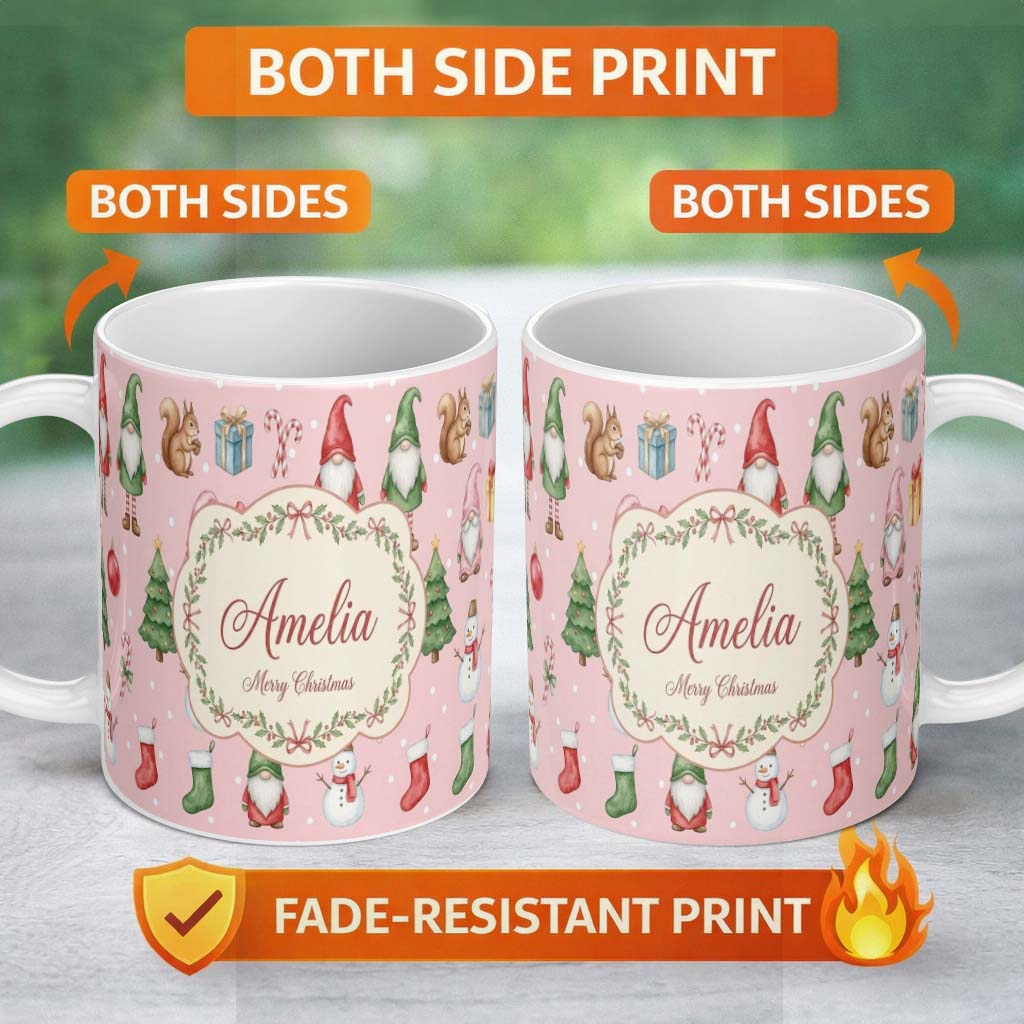 Personalized Custom Name Christmas Gnome Reindeer Snowman Gift on Pink Snow Dot Background 11oz Ceramic Coffee Tea Mug White Large Handle