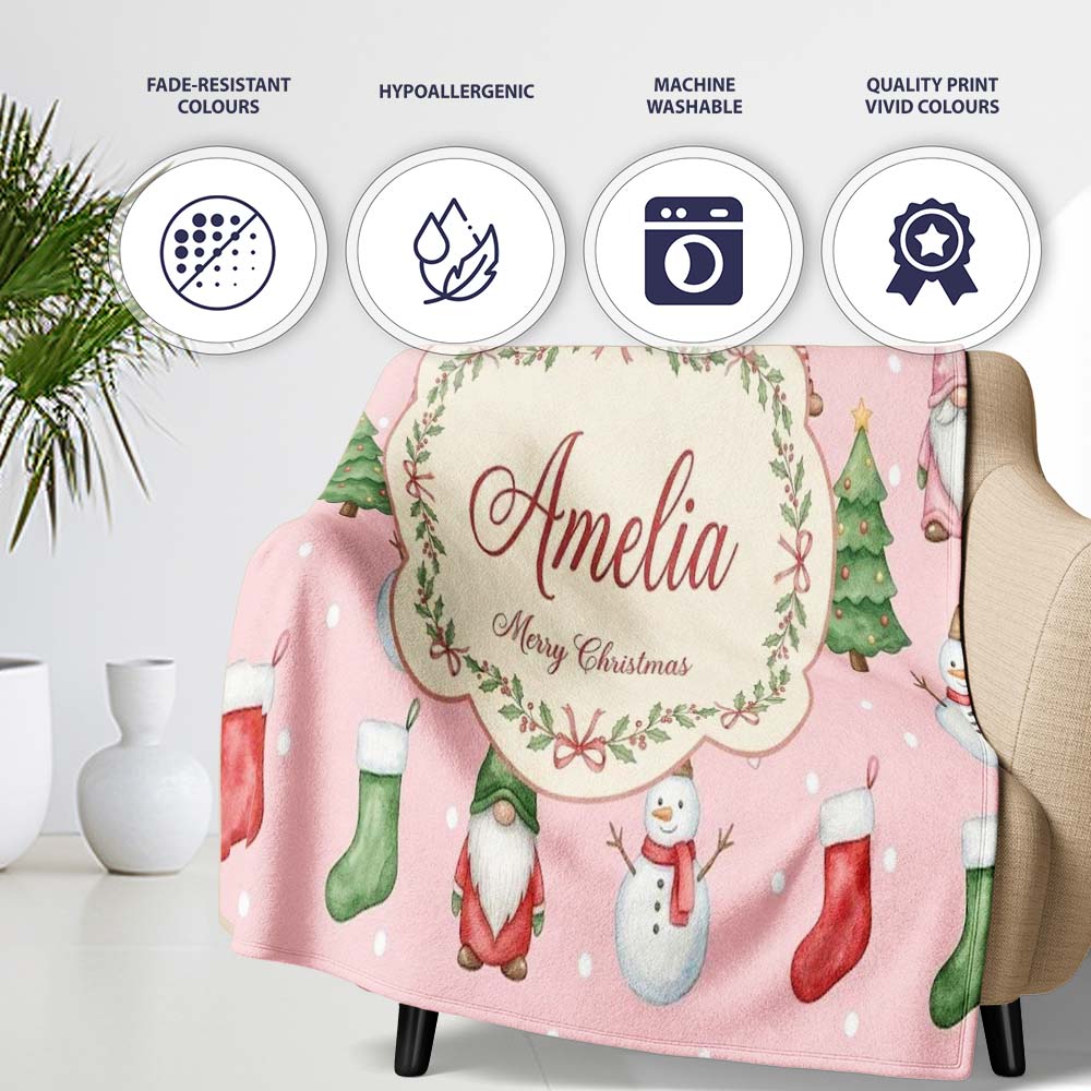 Christmas Gnome Reindeer Snowman Gift on Pink Snow Dot Background Personalised Custom Name Super Soft Fleece Blanket Bed Sofa Throw