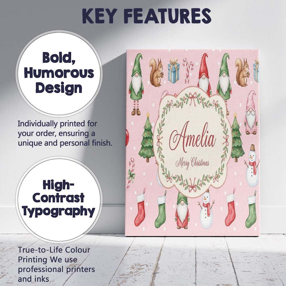 Personalised Name Christmas Gnome Reindeer Custom Unique Gift Idea Elegant Feature Canvas Wall Art Print Decor Picture Ready to Hang