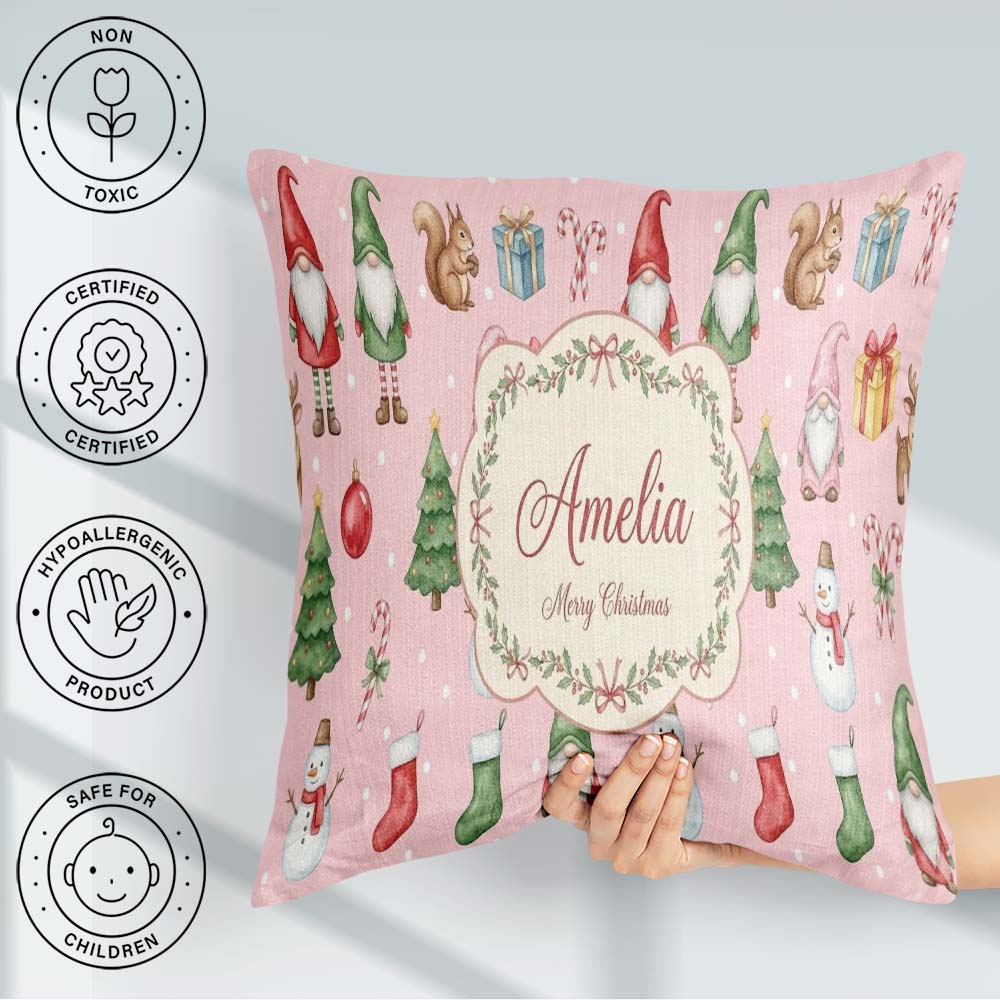 Custom Name Christmas Gnome Reindeer on Pink Snow Dot Background Square Filled Cushion Throw Pillow Sofa Bed Home Decor Zip Washable UK Made