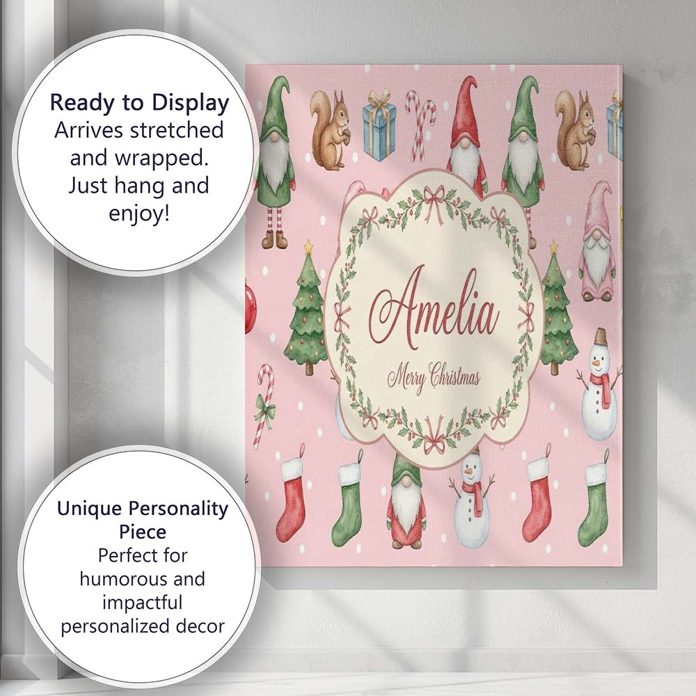 Personalised Name Christmas Gnome Reindeer Custom Unique Gift Idea Elegant Feature Canvas Wall Art Print Decor Picture Ready to Hang
