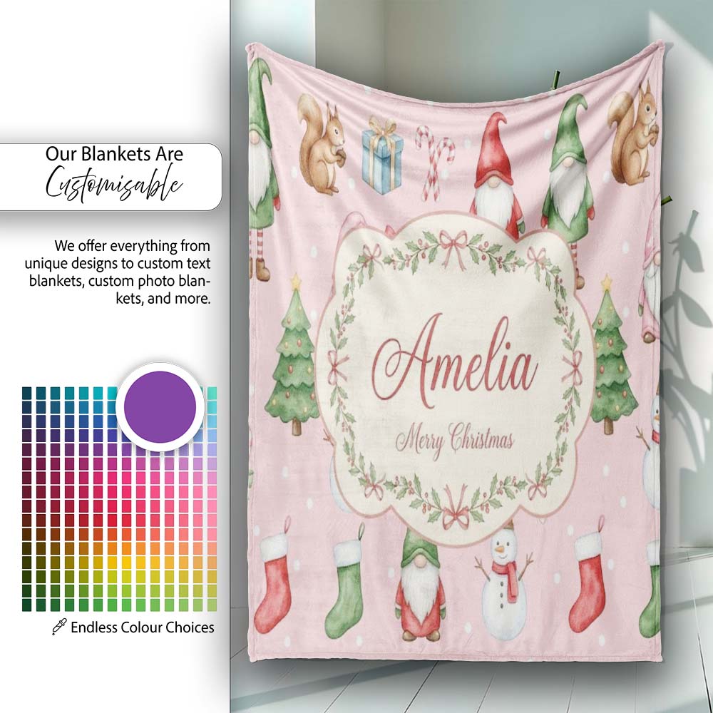 Christmas Gnome Reindeer Snowman Gift on Pink Snow Dot Background Personalised Custom Name Super Soft Fleece Blanket Bed Sofa Throw