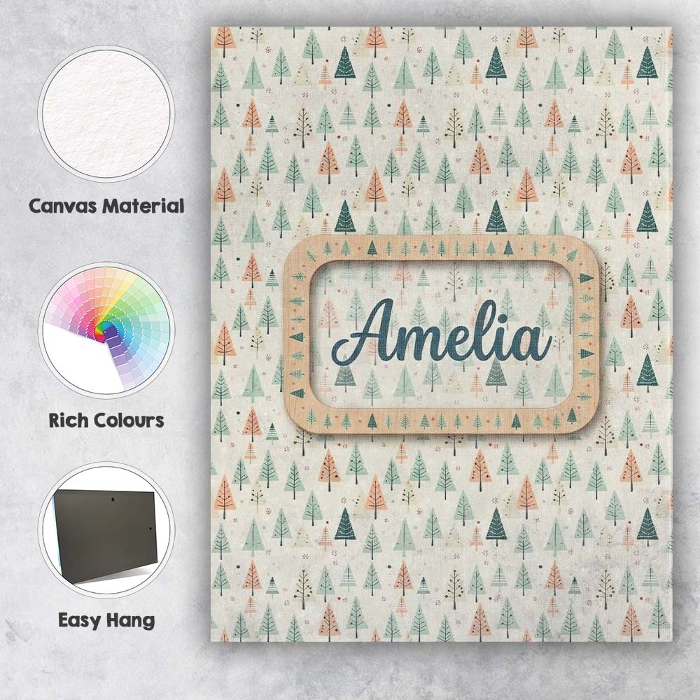 Personalised Name Pastel Christmas Trees Scandinavian Neutral Custom Contemporary Display Canvas Wall Art Print Decor Picture Ready to Hang