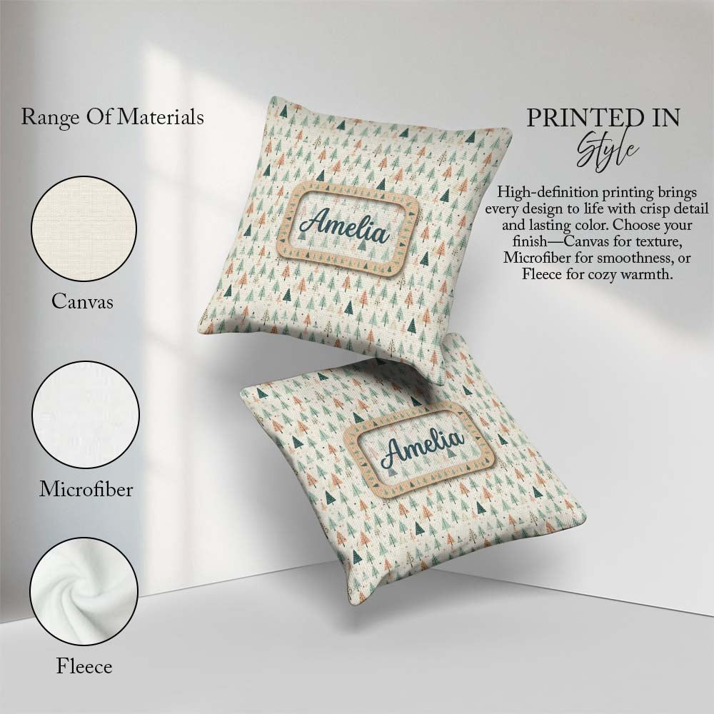 Custom Name Pastel Christmas Trees Scandinavian Neutral Seamless Square Filled Cushion Throw Pillow Sofa Bed Home Decor Zip Washable UK Made