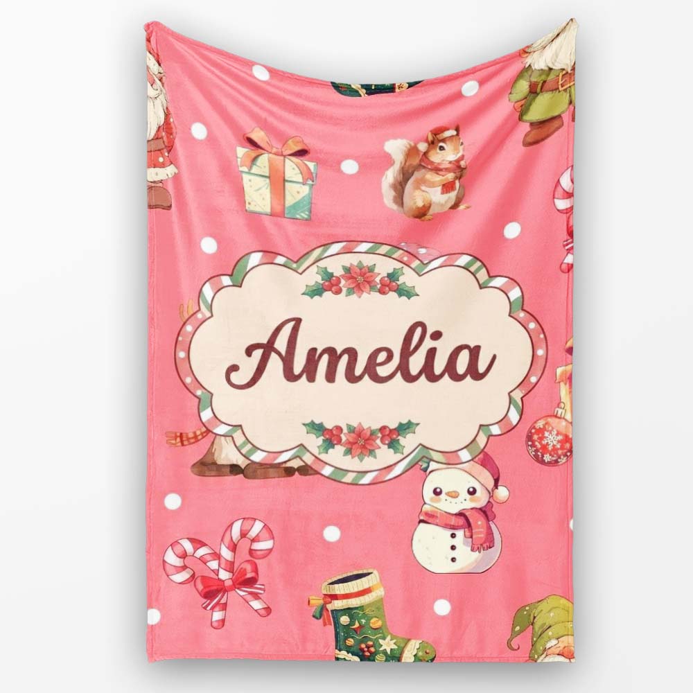 Christmas Gnome Reindeer Snowman Gift on Red Snow Dot Background Personalised Custom Name Super Soft Fleece Blanket Bed Sofa Throw