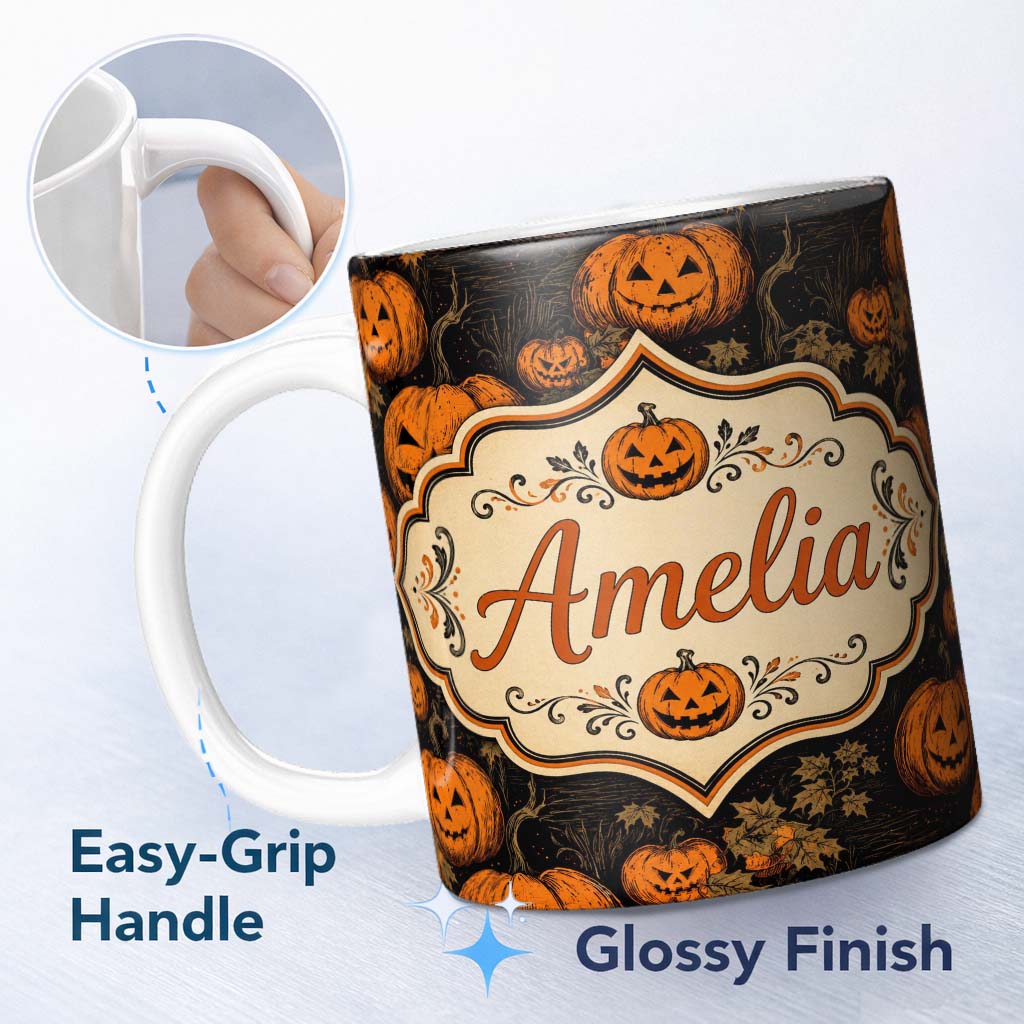 Personalized Custom Name Bold Halloween Pumpkin Illustration Pattern on Black with Autumn 11oz Ceramic Coffee Tea Mug White Large Handle