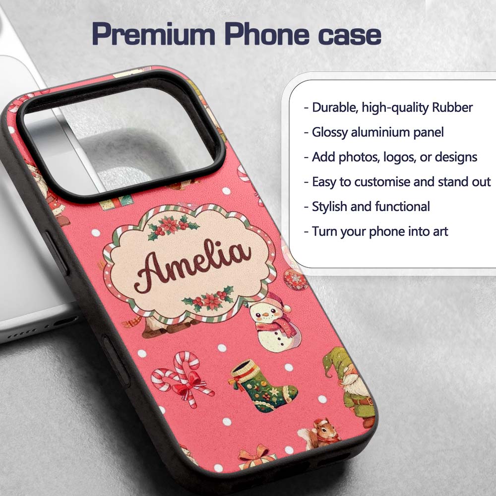Christmas Gnome Reindeer Snowman Gift on Red Snow Custom Name Protective Phone Case Mobile Cover Durable Everyday Smartphone Shock Resistant