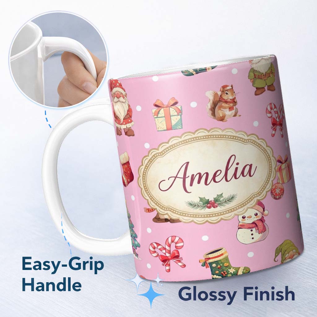 Personalized Custom Name Christmas Gnome Reindeer Snowman Gift on Pink Snow Dot Background 11oz Ceramic Coffee Tea Mug White Large Handle