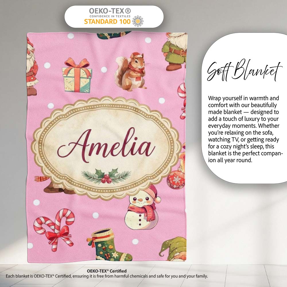 Christmas Gnome Reindeer Snowman Gift on Pink Snow Dot Background Personalised Custom Name Super Soft Fleece Blanket Bed Sofa Throw