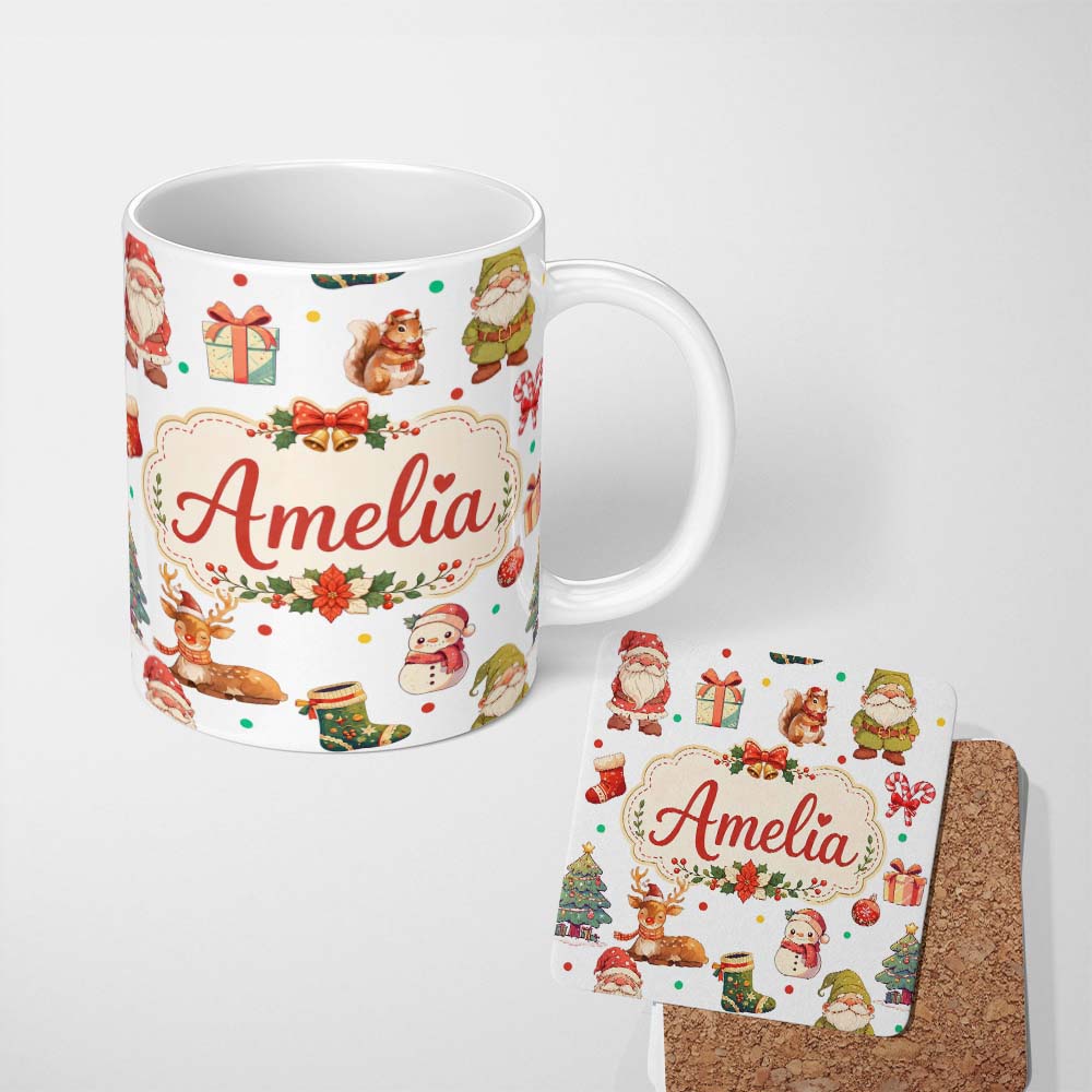 Personalized Custom Name Christmas Gnome Reindeer Snowman Gift on White Polka Dot Background 11oz Ceramic Coffee Tea Mug White Large Handle