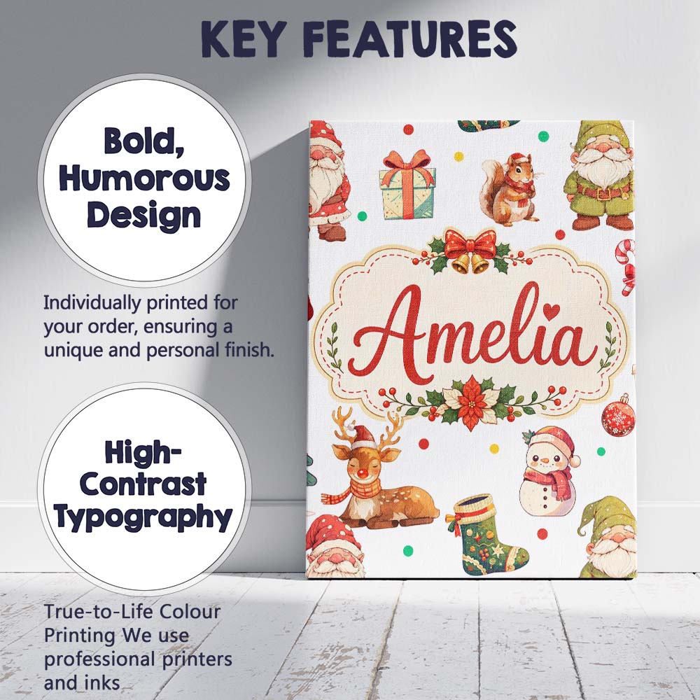 Personalised Name Christmas Gnome Reindeer Custom Unique Gift Idea Elegant Feature Canvas Wall Art Print Decor Picture Ready to Hang