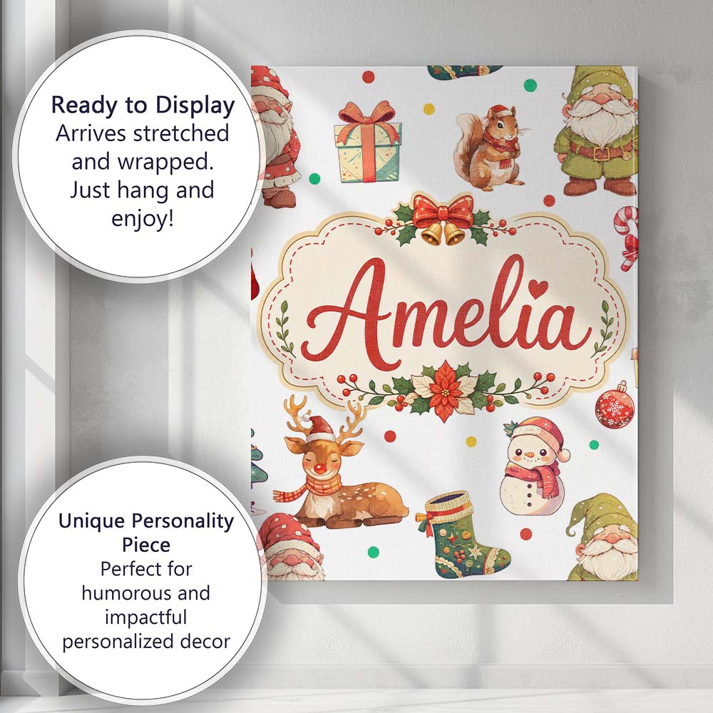 Personalised Name Christmas Gnome Reindeer Custom Unique Gift Idea Elegant Feature Canvas Wall Art Print Decor Picture Ready to Hang