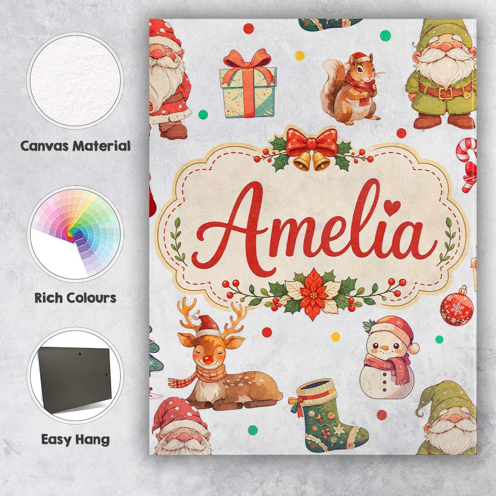 Personalised Name Christmas Gnome Reindeer Custom Unique Gift Idea Elegant Feature Canvas Wall Art Print Decor Picture Ready to Hang