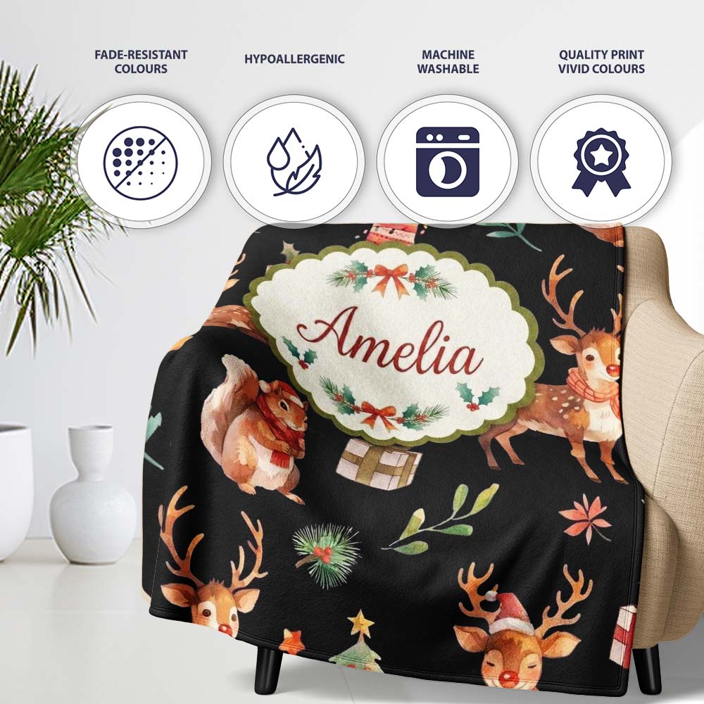 Christmas Reindeer Squirrel Gift Festive Elements on Black Personalised Custom Name Super Soft Fleece Blanket Bed Sofa Throw