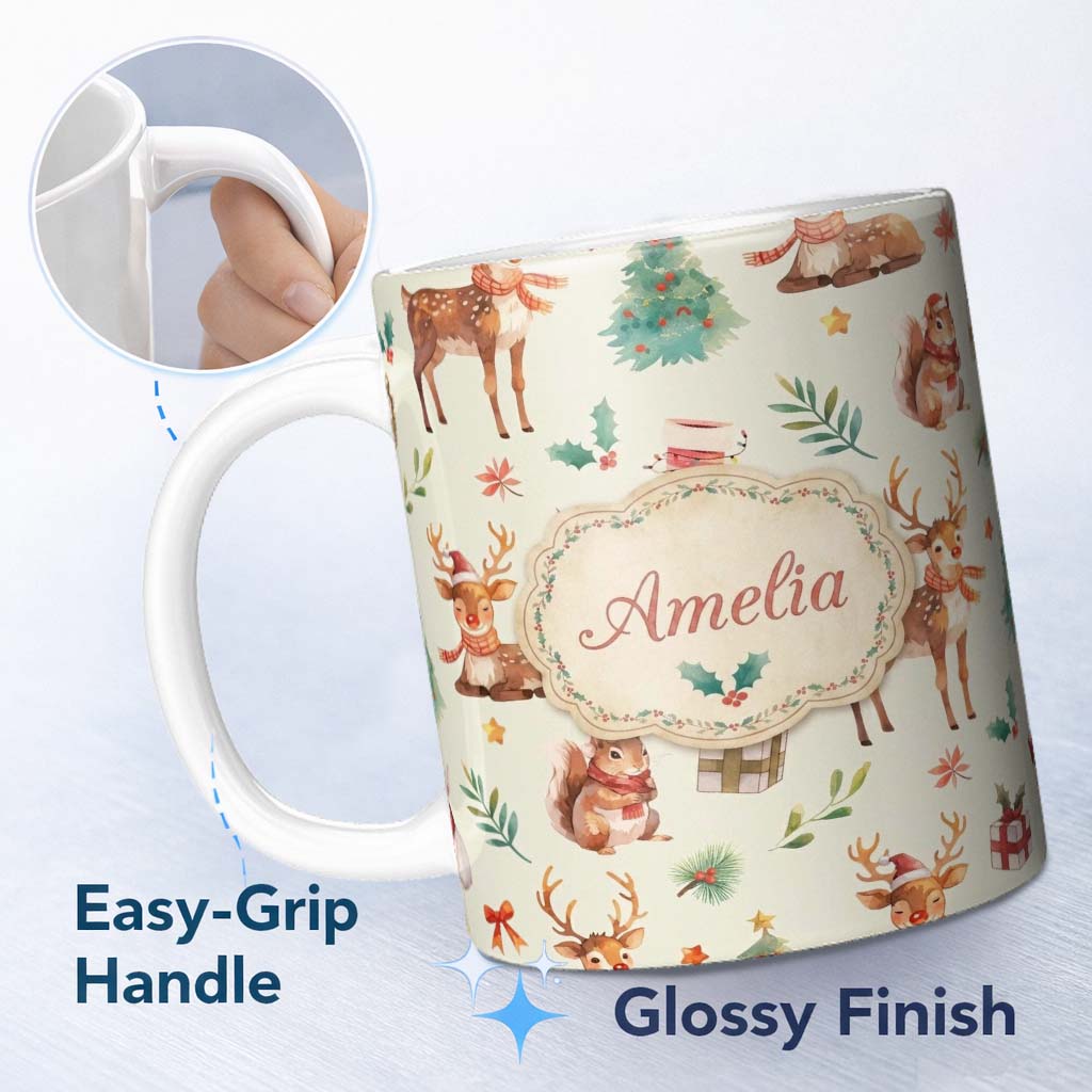 Personalized Custom Name Christmas Reindeer Squirrel Gift Festive Elements on Cream 11oz Ceramic Coffee Tea Mug White Large Handle