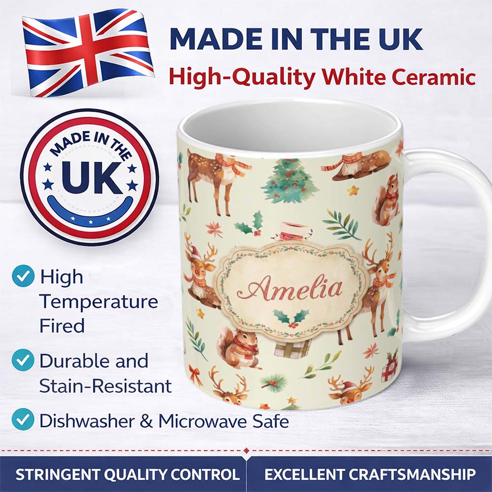 Personalized Custom Name Christmas Reindeer Squirrel Gift Festive Elements on Cream 11oz Ceramic Coffee Tea Mug White Large Handle