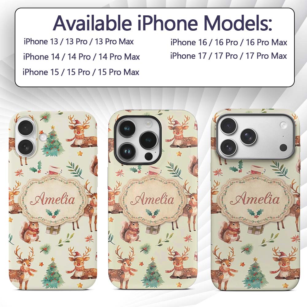 Christmas Reindeer Squirrel Gift Festive Elements Custom Name Protective Phone Case Mobile Cover Durable Everyday Smartphone Shock Resistant