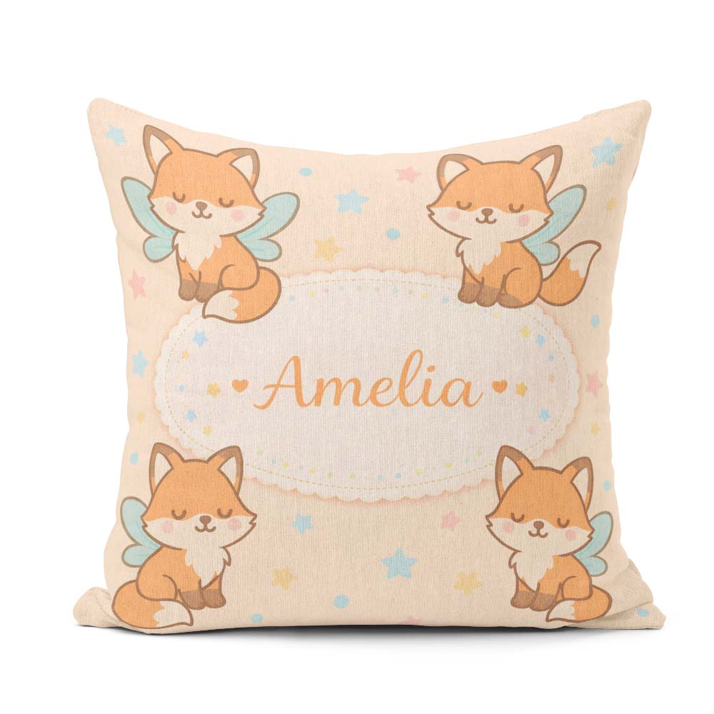 Custom Name Cute Fairy Fox Cartoon Animal Pattern Cute Unique Square Filled Cushion Throw Pillow Sofa Bed Home Decor Zip Washable UK Made