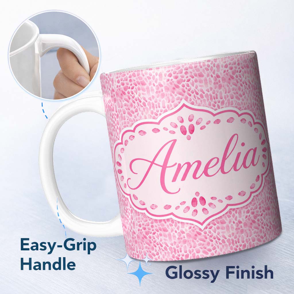 Personalized Custom Name Light Pink Organic Pebble Dot Watercolour Texture Seamless Pattern 11oz Ceramic Coffee Tea Mug White Large Handle