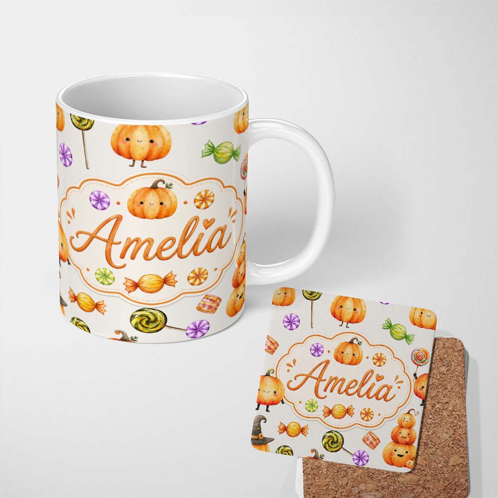Personalized Custom Name Cute Watercolor Pumpkins and Candy Sweets on Teal Green Background 11oz Ceramic Coffee Tea Mug White Large Handle