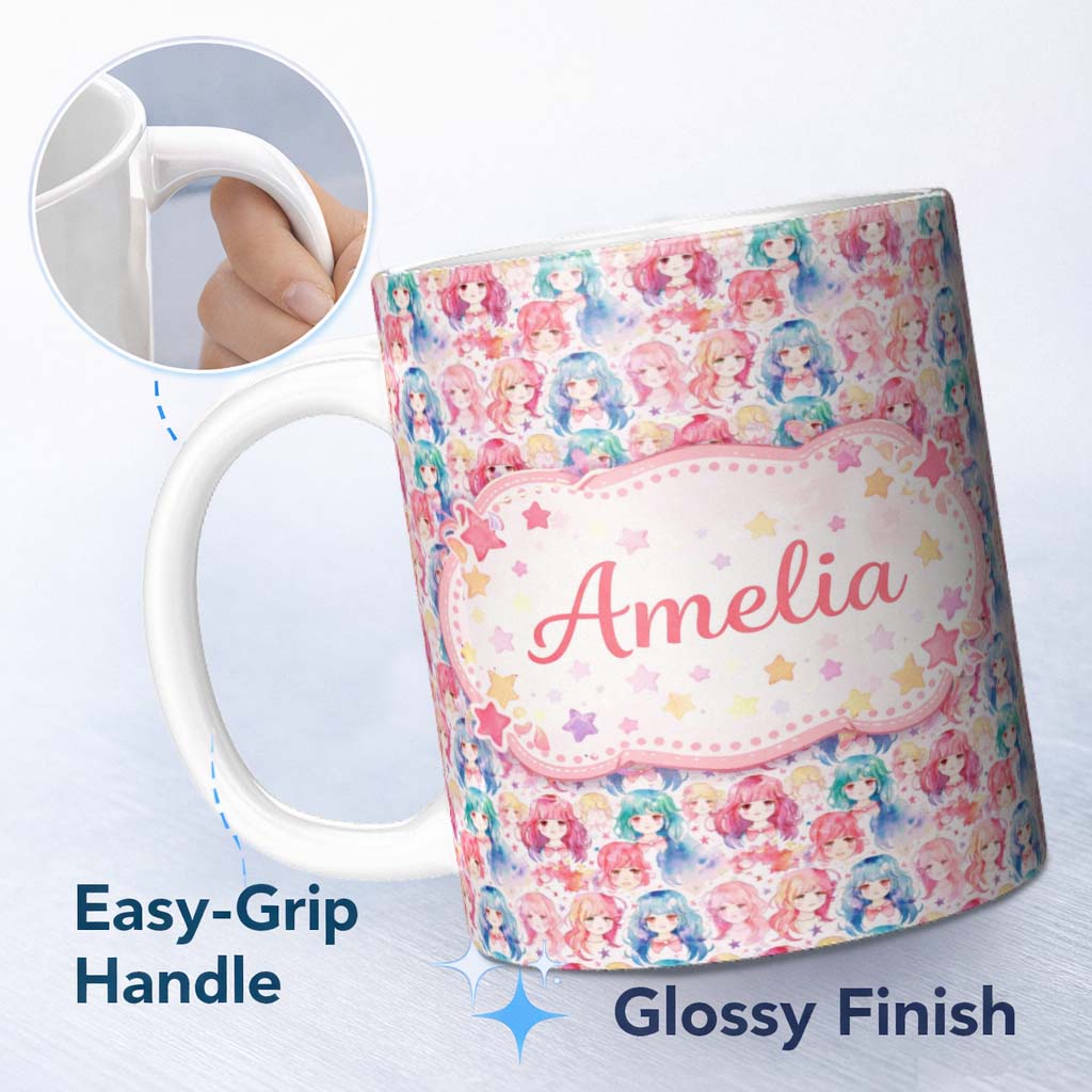 Personalized Custom Name Colourful Anime Girls Pastel Star Pattern Kawaii Character Design 11oz Ceramic Coffee Tea Mug White Large Handle