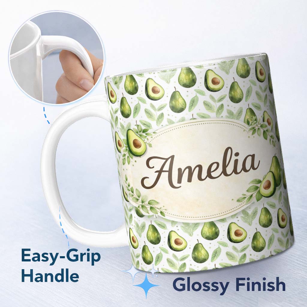 Personalized Custom Name Watercolor Avocado Botanical Pattern Perfect Gift for Her Lovely 11oz Ceramic Coffee Tea Mug White Large Handle