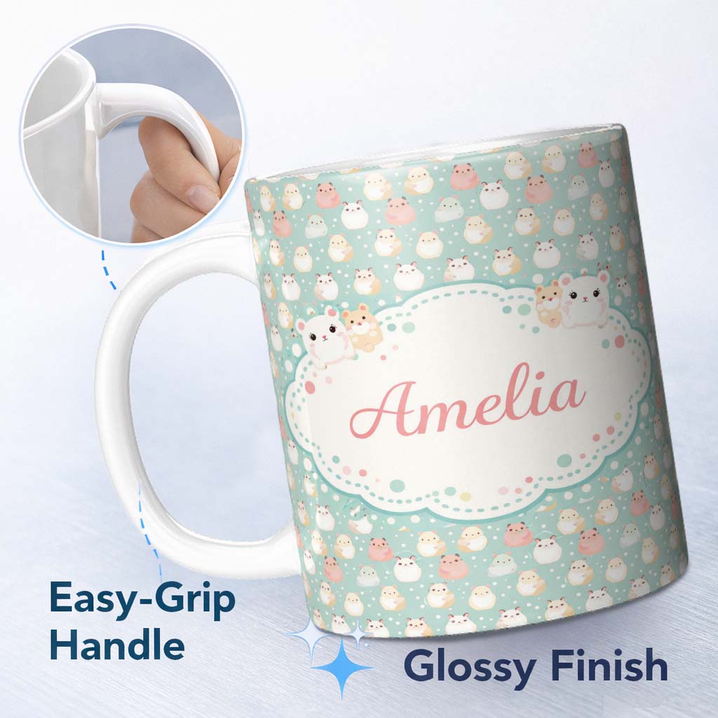 Personalized Custom Name Pastel Cute Hamster Soft Polka Dot Seamless Pattern Cute Unique Gift 11oz Ceramic Coffee Tea Mug White Large Handle