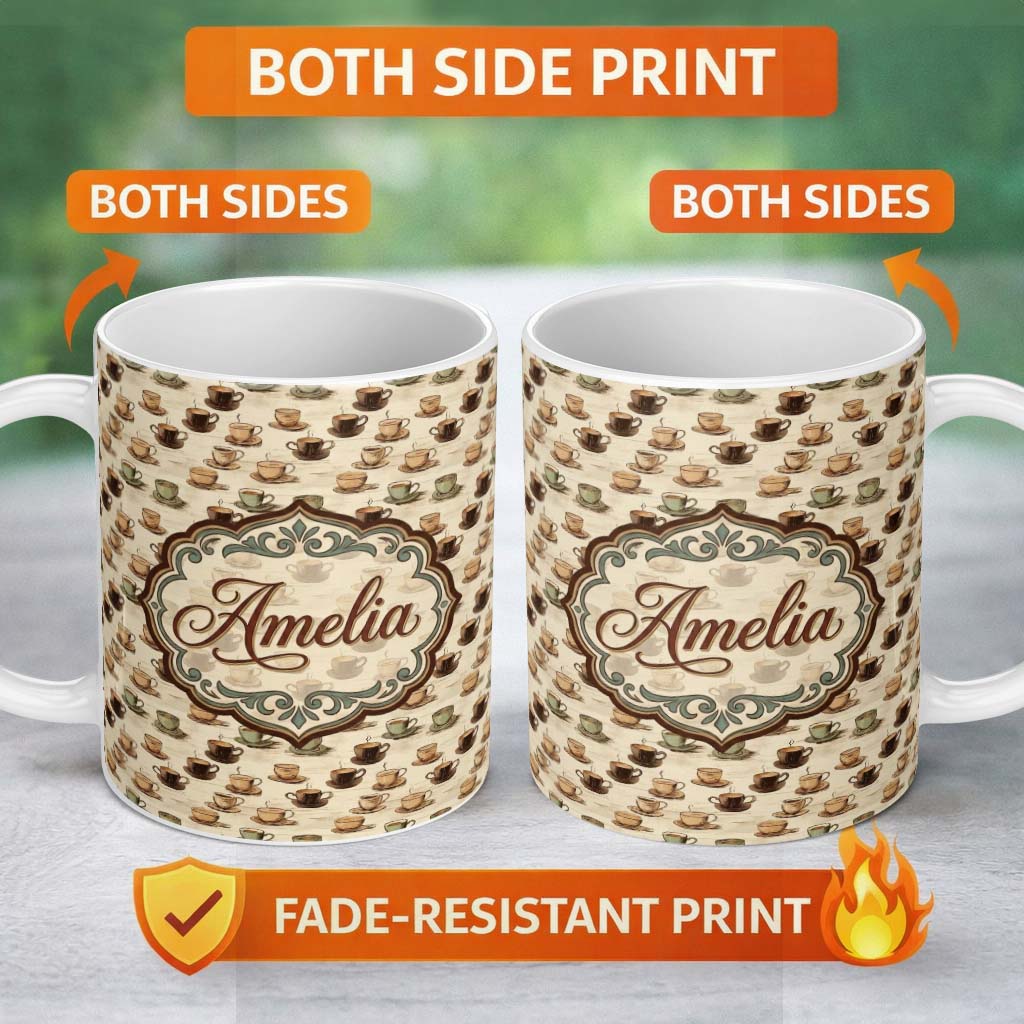 Personalized Custom Name Vintage Coffee Cups on Rustic Wood Background Seamless Pattern 11oz Ceramic Coffee Tea Mug White Large Handle