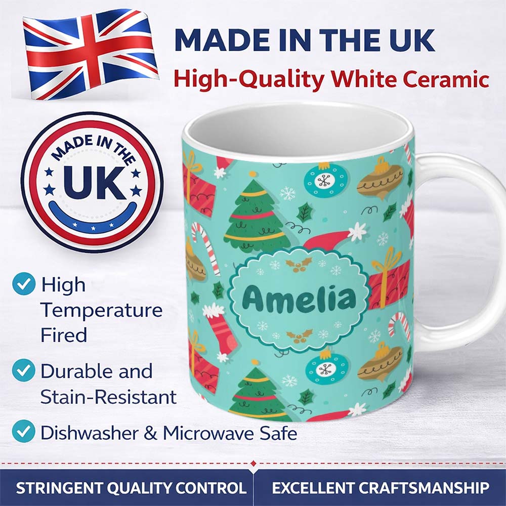 Personalized Custom Name Christmas Tree Baubles Gifts Mug Candy Cane Festive Holiday Seamless 11oz Ceramic Coffee Tea Mug White Large Handle