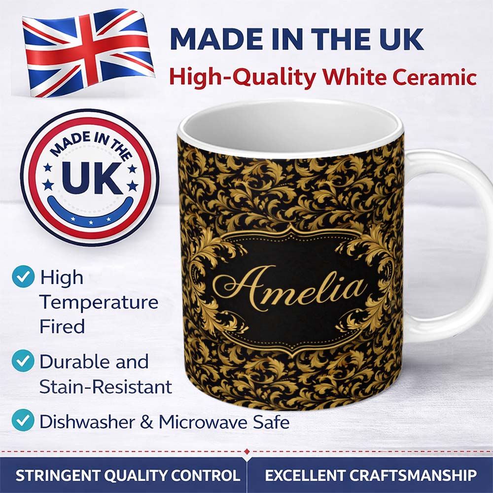Personalized Custom Name Black Gold Baroque Floral Seamless Pattern Luxury Vintage Ornamental 11oz Ceramic Coffee Tea Mug White Large Handle