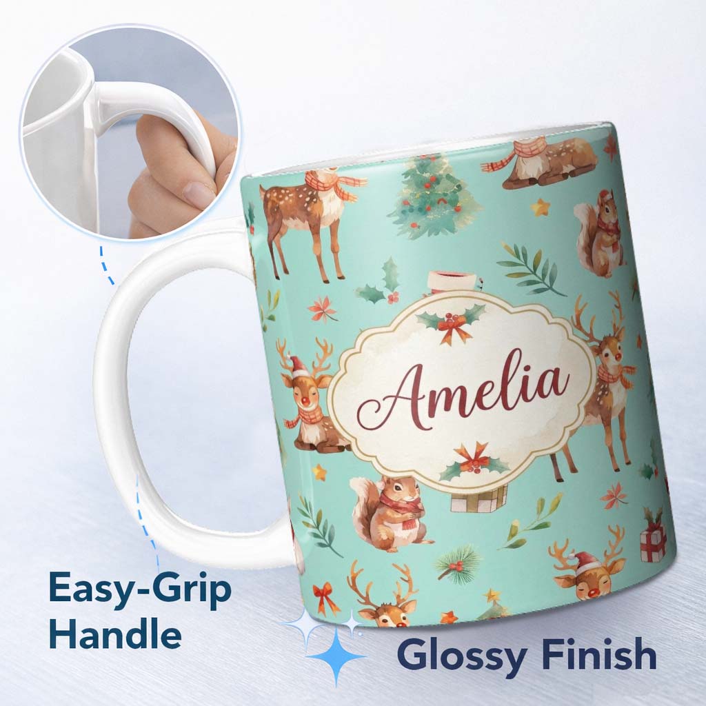 Personalized Custom Name Christmas Reindeer Squirrel Gift Festive Elements on Teal 11oz Ceramic Coffee Tea Mug White Large Handle