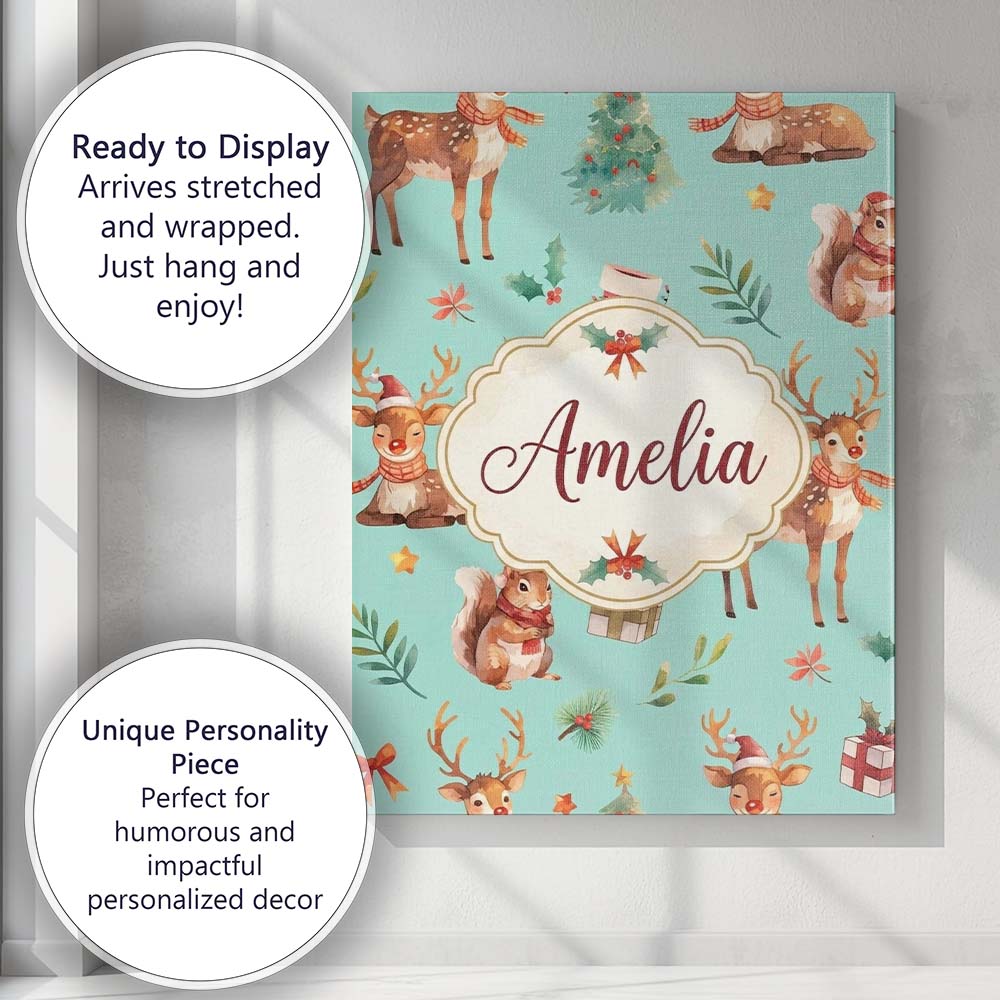 Personalised Name Christmas Reindeer Custom Premium Decorative Design Modern Room Accent Canvas Wall Art Print Decor Picture Ready to Hang