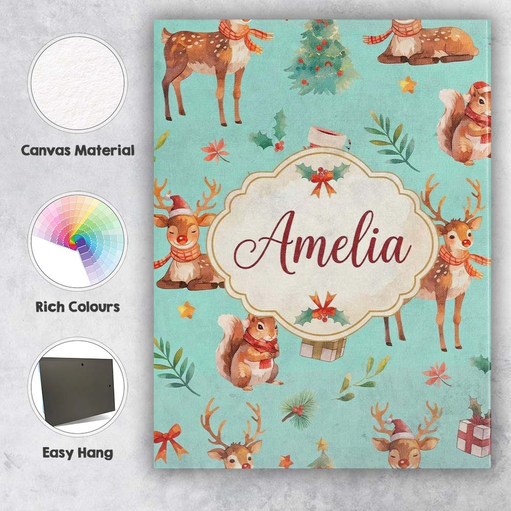 Personalised Name Christmas Reindeer Custom Premium Decorative Design Modern Room Accent Canvas Wall Art Print Decor Picture Ready to Hang