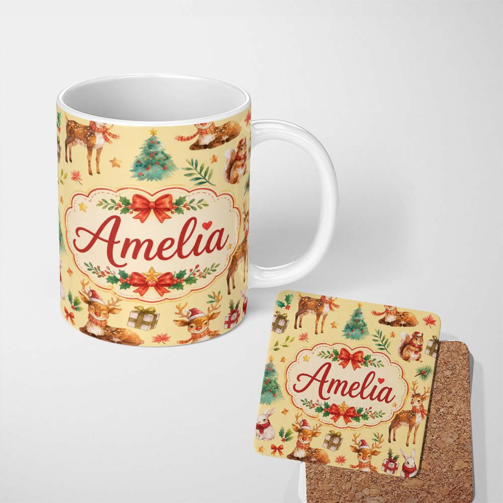 Personalized Custom Name Christmas Reindeer Squirrel Gift Festive Element on Yellow 11oz Ceramic Coffee Tea Mug White Large Handle