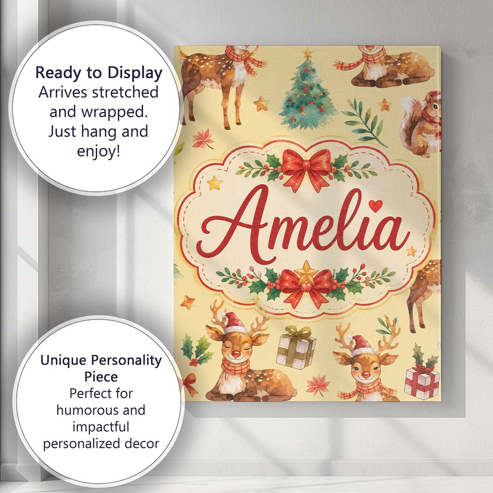 Personalised Name Christmas Reindeer Custom Premium Decorative Design Modern Room Accent Canvas Wall Art Print Decor Picture Ready to Hang