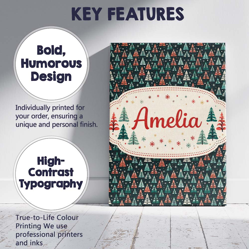 Personalised Name Dark Background Christmas Trees Festive Seamless Custom Unique Canvas Wall Art Print Decor Picture Ready to Hang