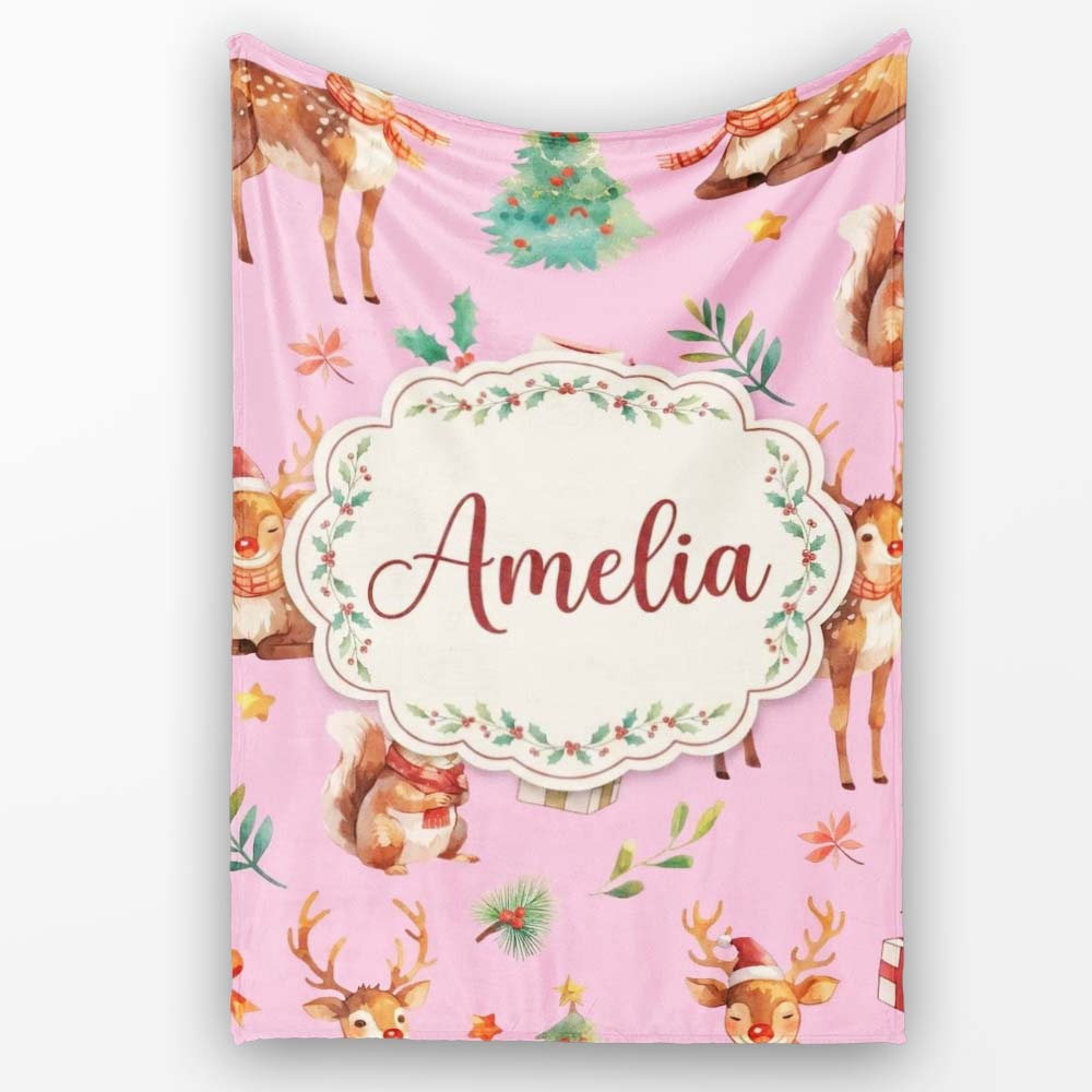 Christmas Reindeer Squirrel Gift Festive Elements on Pink Personalised Custom Name Super Soft Fleece Blanket Bed Sofa Throw