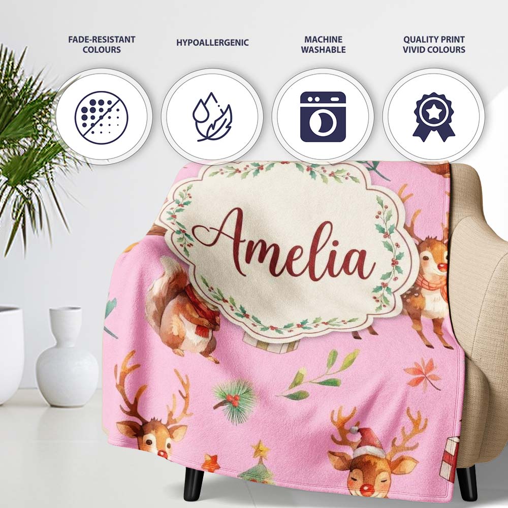 Christmas Reindeer Squirrel Gift Festive Elements on Pink Personalised Custom Name Super Soft Fleece Blanket Bed Sofa Throw