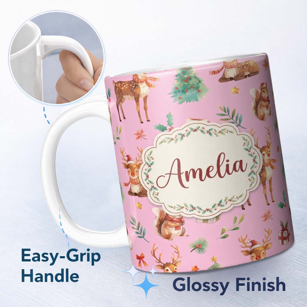 Personalized Custom Name Christmas Reindeer Squirrel Gift Festive Elements on Pink 11oz Ceramic Coffee Tea Mug White Large Handle
