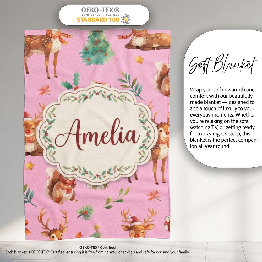 Christmas Reindeer Squirrel Gift Festive Elements on Pink Personalised Custom Name Super Soft Fleece Blanket Bed Sofa Throw